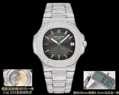 Patek Philippe Nautilus Fake 9015 Movement 316LSteel 40mm Full Diamond With Green Scales Men Watch